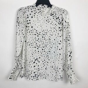 Dalmatian‎ Print Ruffle Mock Neck Smocked Cuff Blouse Women S White Black